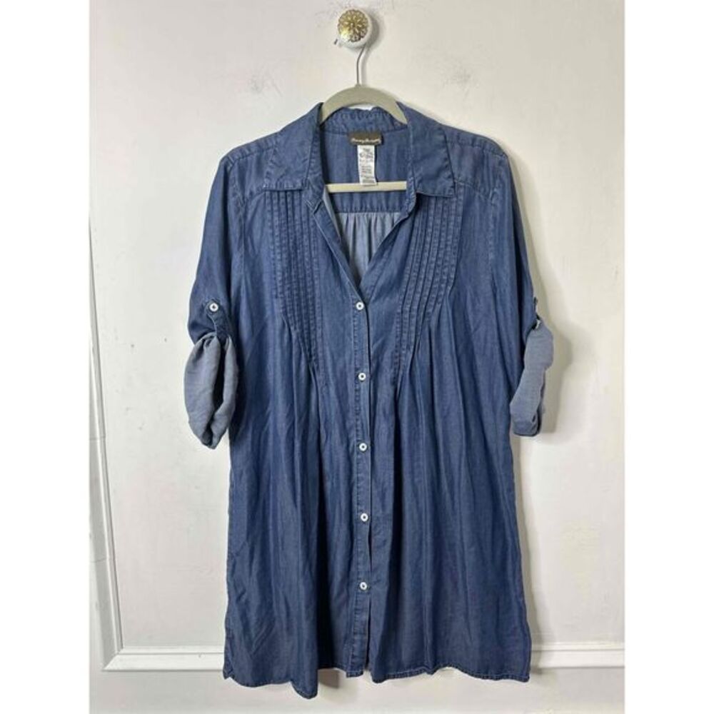 Tommy Bahama Shirt Womens Size Medium Blue Tunic Long Sleeve With Roll-Tabs